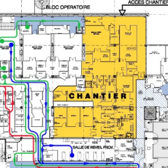 Les circuits fonctionnels patients/personnel/matières pendant le chantier de restructuration du bloc opératoire du centre hospitalier intercommunal de Meulan les Mureaux Les circuits fonctionnels patients/personnel/matières pendant le chantier de restructuration du bloc opératoire du centre hospitalier intercommunal de Meulan les Mureaux